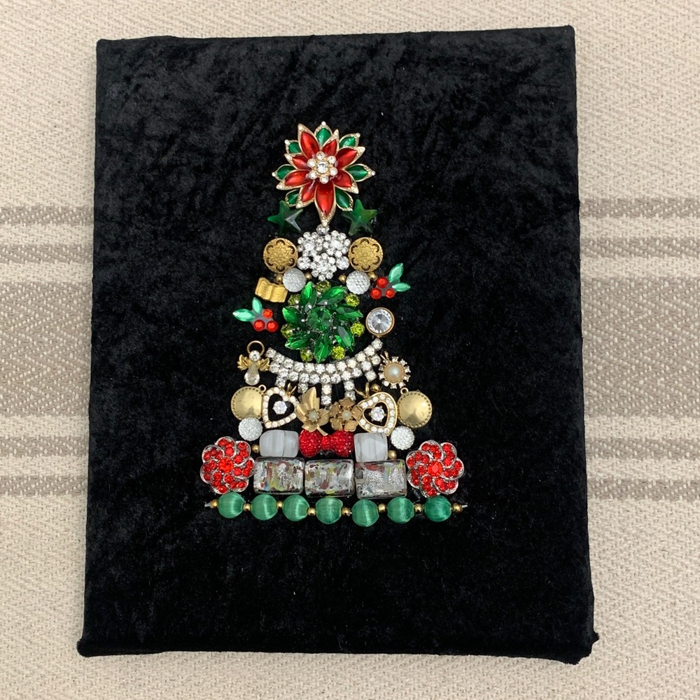 Handmade Vintage Jewelry & Velvet Christmas Tree Decor Sign Art 5x7”